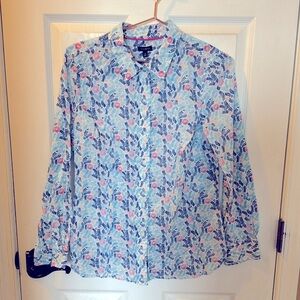 Talbots blue and pink floral button down shirt.  Size M